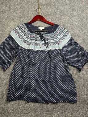 Lucky Brand Top Womens Medium 3/4 Sleeve Cotton Print Neck Keyhole Tie Bohemian
